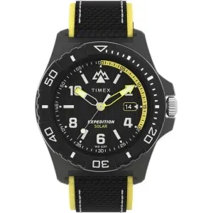 Ανδρικό ρολόι TIMEX TW2V66200 Expedition North Freedive Solar με μαύρο καντράν και μαύρο-κίτρινο λουράκι.