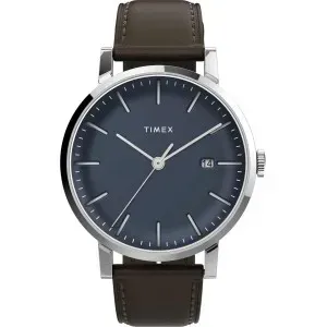 Ανδρικό ρολόι TIMEX TW2V36500 Trend Midtown από ανοξείδωτο ατσάλι με μπλε καντράν και καφέ δερμάτινο λουράκι.