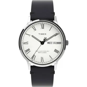 Ανδρικό ρολόι TIMEX TW2W15000 Waterbury Traditional με λευκό καντράν και μαύρο δερμάτινο λουράκι.