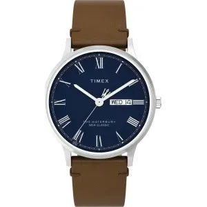 Ανδρικό ρολόι TIMEX TW2W14900 Waterbury Traditional από ανοξείδωτο ατσάλι με μπλε καντράν και καφέ δερμάτινο λουράκι.