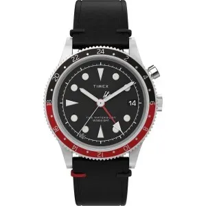Ανδρικό ρολόι TIMEX TW2W22800 Waterbury Traditional GMT από ανοξείδωτο ατσάλι με μαύρο καντράν και μαύρο δερμάτινο λουράκι.