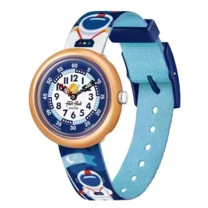 Παιδικό ρολόι FLIK FLAK ZFBNP216 Astrodreams με μπλε-λευκό καντραν και πολύχρωμο υφασμάτινο λουράκι.