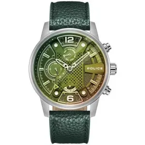 Ανδρικό Ρολόι POLICE PEWJF2203307 Lanshu από ανοξείδωτο ατσάλι με πράσινο καντράν και πράσινο δερμάτινο λουράκι.