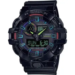 Ανδρικό ρολόι CASIO G-Shock GA-700RGB-1AER με μαύρο καντράν και μαύρο καουτσούκ λουράκι.