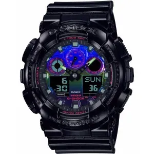 Ανδρικό ρολόι CASIO G-Shock GA-100RGB-1AER με ψηφιακό καντράν και μαύρο καουτσούκ λουράκι.