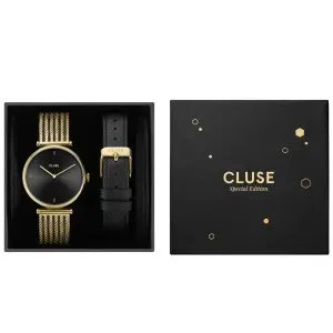 Γυναικείο ρολόι Cluse CG10404 Triomphe Gift Set από ανοξείδωτο ατσάλι με μαύρο καντράν και μαύρο-χρυσό μπρασελέ.