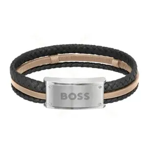 Ανδρικό Βραχιόλι HUGO BOSS 1580423 από ανοξείδωτο ατσάλι με μαύρο και μπεζ δέρμα