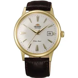 Ανδρικό ρολόι Orient FAC00003W Classic Automatic από ανοξείδωτο ατσάλι με λευκό καντράν και καφέ δερμάτινο λουράκι.