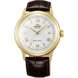 Ανδρικό ρολόι Orient FAC00007W Classic Automatic από ανοξείδωτο ατσάλι με λευκό καντράν και καφέ δερμάτινο λουράκι.