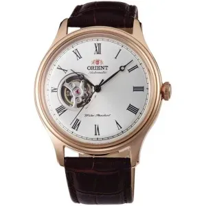 Ανδρικό ρολόι Orient FAG00001S Classic Automatic από ανοξείδωτο ατσάλι με ασημί,skeleton καντράν και καφέ δερμάτινο λουράκι.