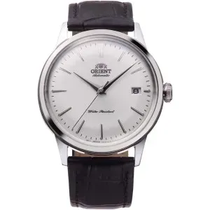 Ανδρικό ρολόι Orient RA-AC0M03S Classic Automatic από ανοξείδωτο ατσάλι με λευκό καντράν και μαύρο δερμάτινο λουράκι.