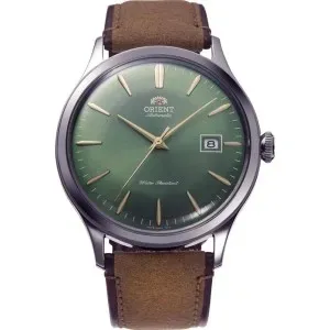 Ανδρικό ρολόι Orient RA-AC0P01E Classic Automatic από ανοξείδωτο ατσάλι με πράσινο καντράν και καφέ δερμάτινο λουράκι.