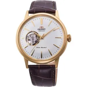 Ανδρικό ρολόι Orient RA-AG0003S Classic Automatic από ανοξείδωτο ατσάλι με λευκό,skeleton καντράν και καφέ δερμάτινο λουράκι.