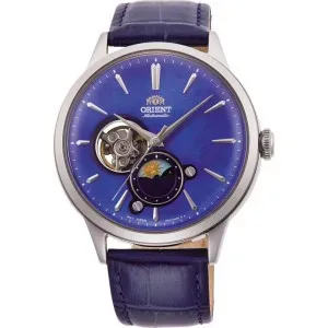 Ανδρικό ρολόι Orient RA-AS0103A Sun And Moon Automatic από ανοξείδωτο ατσάλι με μπλε καντράν και μπλε δερμάτινο λουράκι.