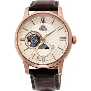 Ανδρικό ρολόι Orient RA-AS0009S Sun And Moon Automatic από ανοξείδωτο ατσάλι με μπεζ καντράν και καφέ δερμάτινο λουράκι.