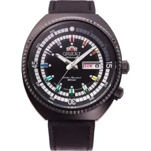 Ανδρικό ρολόι Orient RA-AA0E07B Neo Sports Automatic από ανοξείδωτο ατσάλι με μαύρο καντράν και μαύρο δερμάτινο λουράκι.