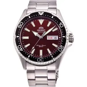 Ανδρικό ρολόι Orient RA-AA0003R Sports Diver Mako Automatic από ανοξείδωτο ατσάλι με μπορντό καντράν και ασημί μπρασελέ.