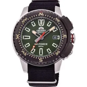 Ανδρικό ρολόι Orient RA-AC0N03E Sports M-Force Automatic από ανξείδωτο ατσάλι με πράσινο καντράν και μαύρο υφασμάτινο λουράκι.