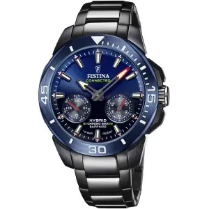 Ανδρικό ρολόι FESTINA F20647/1 Chrono Bike Connected από ανοξείδωτο ατσάλι με μπλε καντράν και μαύρο μπρασελέ.