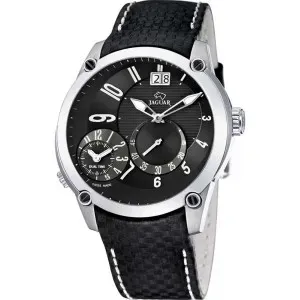 Ανδρικό ρολόι JAGUAR  J630/D Dual Time από ανοξείδωτο ατσάλι με μαύρο καντράν και μαύρο δερμάτινο λουράκι.