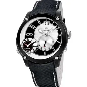 Ανδρικό ρολόι JAGUAR J632/1 Dual Time από ανοξείδωτο ατσάλι με ασημί καντράν και μαύρο δερμάτινο λουράκι.