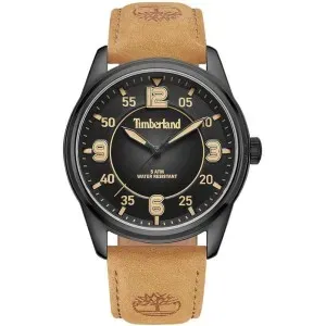 Ανδρικό ρολόι TIMBERLAND TDWGA0040903 Eastport από ανοξείδωτο ατσάλι με μαύρο καντράν και καφέ δερμάτινο λουράκι.