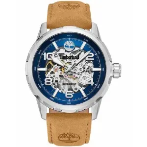 Ανδρικό ρολόι TIMBERLAND TDWGE0041801 Montville Automatic από ανοξείδωτο ατσάλι με μπλε καντράν και καφέ δερμάτινο λουράκι.