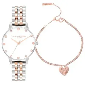 Γυναικείο ρολόι Olivia Burton OBGSET159 από ανοξείδωτο ατσάλι με λευκό καντράν και ασημί-ροζ χρυσό μπρασελέ.