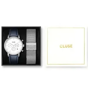 Ανδρικό ρολόι Cluse CG21004 Avaris Gift Set από ανοξείδωτο ατσάλι με λευκό καντράν και μπλε δερμάτινο λουράκι.