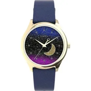 Γυναικείο ρολόι Timex TW2V49300 με πολύχρωμο glitter καντράν και μπλε δερμάτινο λουράκι.