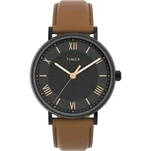 Ανδρικό ρολόι TIMEX TW2V91400 Dress Southview με μαύρο καντράν και καφέ δερμάτινο λουράκι.
