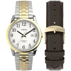 Ανδρικό ρολόι TIMEX TWG063100 Easy Reader Gift Set με λευκό καντράν και ασημί-χρυσό μπρασελέ.