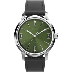 Ανδρικό ρολόι TIMEX TW2V44600 Marlin Automatic από ανοξείδωτο ατσάλι με πράσινο καντράν και μαύρο δερμάτινο λουράκι.