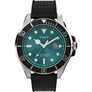 Ανδρικό ρολόι TIMEX TW2V91700 Trend Harborside Coast με πράσινο καντράν και μαύρο καουτσούκ λουράκι.