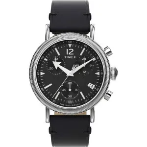 Ανδρικό ρολόι TIMEX TW2W20600 Waterbury Standard με μαύρο καντράν και μαύρο δερμάτινο λουράκι.