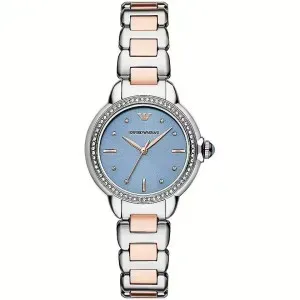 Γυναικείο ρολόι Emporio Armani AR11597 Mia από ανοξείδωτο ατσάλι με γαλάζιο καντράν και ασημί-ροζ χρυσό μπρασελέ.