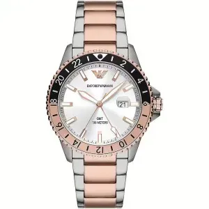 Ανδρικό ρολόι Emporio Armani AR11591 Diver από ανοξείδωτο ατσάλι με λευκό καντράν και ασημί-ροζ χρυσό μπρασελέ.