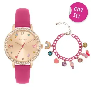 Παιδικό ρολόι Tikkers ATK1089 Gift Set με ροζ χρυσό καντράν και φούξια λουράκι από δερματίνη.