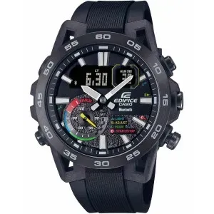 Ανδρικό ρολόι CASIO Edifice Bluetooth ECB-40MP-1AEF με μαύρο καντράν και μαύρο καουτσούκ λουράκι.