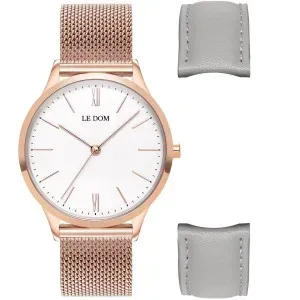 Γυναικείο ρολόι LE DOM LD.1000-18SET Gift Set από ανοξείδωτο ατσάλι με λευκό καντράν και ροζ χρυσό μπρασελέ.