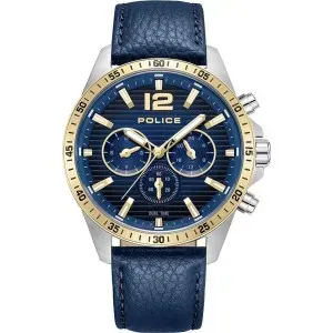 Ανδρικό ρολόι POLICE PEWGF0040140 Chester Dual Time από ανοξείδωτο ατσάλι με μπλε καντράν και μπλε δερμάτινο λουράκι.