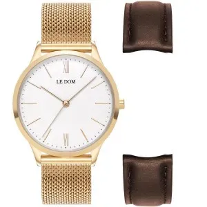 Γυναικείο ρολόι LE DOM LD.1000-16SET Gift Set από ανοξείδωτο ατσάλι με λευκό καντράν και χρυσό μπρασελέ.