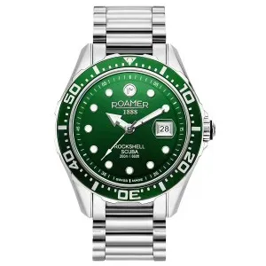 Ανδρικό ρολόι ROAMER 220858-41-75-50 Rockshell Mark III από ανοξείδωτο ατσάλι με πράσινο καντράν και ασημί μπρασελέ.