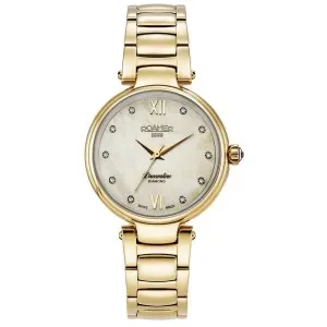 Γυναικείο ρολόι ROAMER 857847-48-29-50 Dreamline Diamonds από ανοξείδωτο ατσάλι με μπεζ καντράν και χρυσό μπρασελέ.