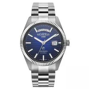 Ανδρικό ρολόι ROAMER 981666-41-45-50 Primeline Automatic από ανοξείδωτο ατσάλι με μπλε καντράν και ασημί μπρασελέ.