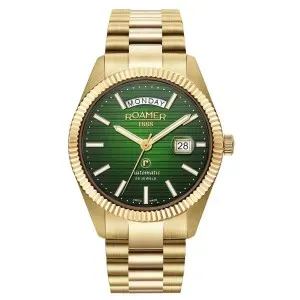 Ανδρικό ρολόι ROAMER 981666-48-75-50 Primeline Automatic από ανοξείδωτο ατσάλι με πράσινο καντράν και χρυσό μπρασελέ.