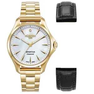 Γυναικείο ρολόι ROAMER 865847-48-20-50 Sportiva Diamonds Gift Set από ανοξείδωτο ατσάλι με φίλντισι καντράν και χρυσό μπρασελέ