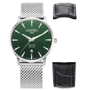 Ανδρικό ρολόι ROAMER 988833-41-75-05 Valais Gift Set από ανοξείδωτο ατσάλι με πράσινο καντράν και ασημί μπρασελέ.