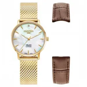 Γυναικείο ρολόι ROAMER 989847-48-10-05 Valais Diamond Gift Set από ανοξείδωτο ατσάλι με φίλντισι καντράν και χρυσό μπρασελέ