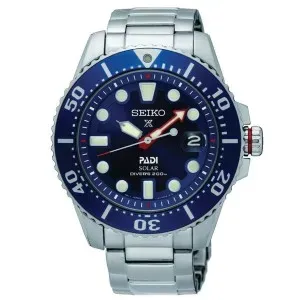 Ανδρικό ρολόι SEIKO SNE549P1 Prospex Divers PADI Solar από ανοξείδωτο ατσάλι με μπλε καντράν και ασημί μπρασελέ.